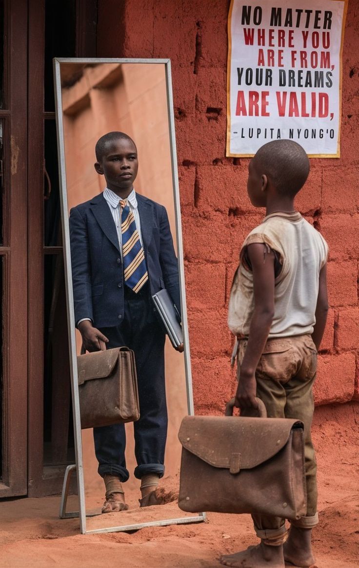 A young boy looking at his future self in a mirror