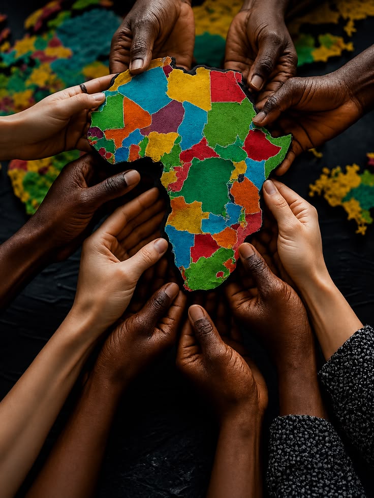 Hands of people from across Africa coming together around a map of Africa